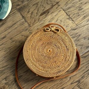 Round Woven Tan Crossbody Bag